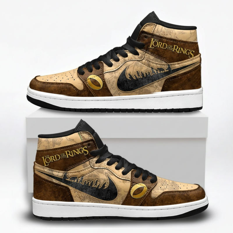 Lord of the Rings Vintage Fantasy High-Top Sneakers – Middle-earth Map & Sauron Eye Design for Fans