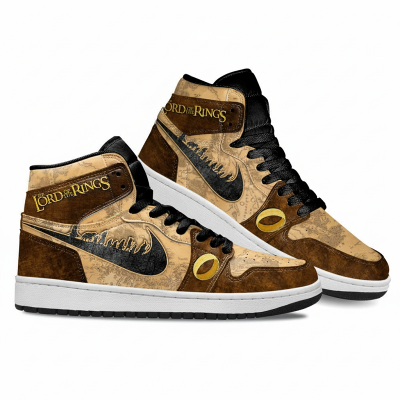 Lord of the Rings Vintage Fantasy High-Top Sneakers – Middle-earth Map & Sauron Eye Design for Fans